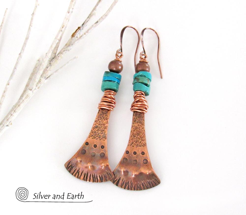 Textured Copper Earrings with Natural Turquoise - Boho Southwestern Jewelry