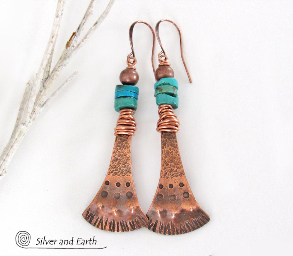 Textured Copper Earrings with Natural Turquoise - Boho Southwestern Jewelry