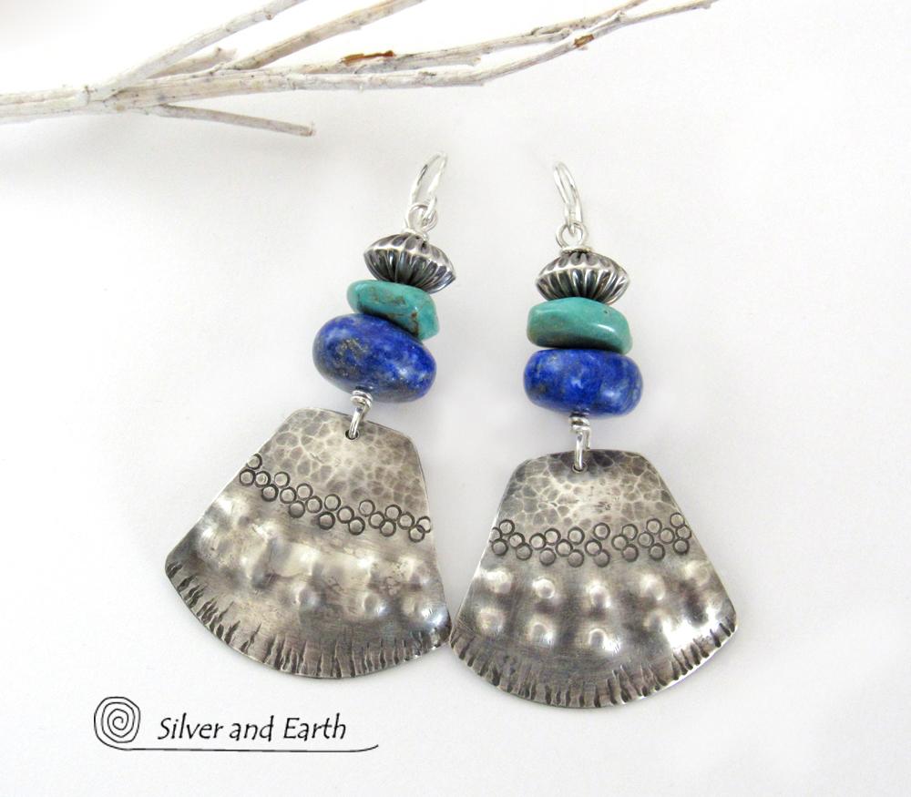 Sterling Silver Earrings with Turquoise & Lapis - Modern Southwest Jewelry