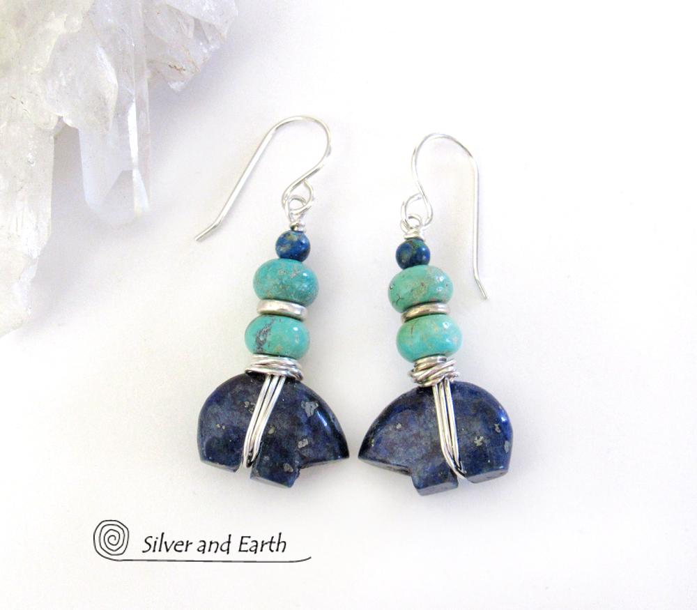 Lapis Zuni Bear Earrings with Turquoise - Southwest Spirit Animal Fetish Jewelry