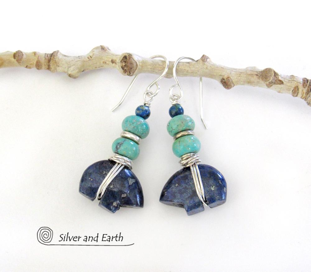 Lapis Zuni Bear Earrings with Turquoise - Southwest Spirit Animal Fetish Jewelry