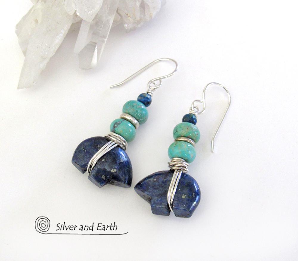 Lapis Zuni Bear Earrings with Turquoise - Southwest Spirit Animal Fetish Jewelry