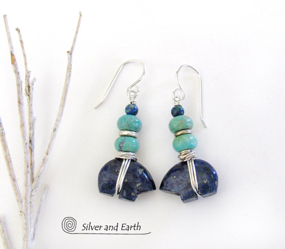 Lapis Zuni Bear Earrings with Turquoise - Southwest Spirit Animal Fetish Jewelry