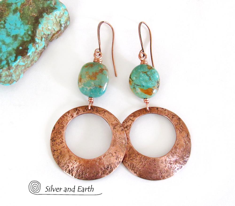 Modern Rustic Copper Hoop Dangle Earrings with Natural Turquoise Nuggets