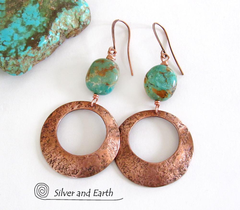 Modern Rustic Copper Hoop Dangle Earrings with Natural Turquoise Nuggets