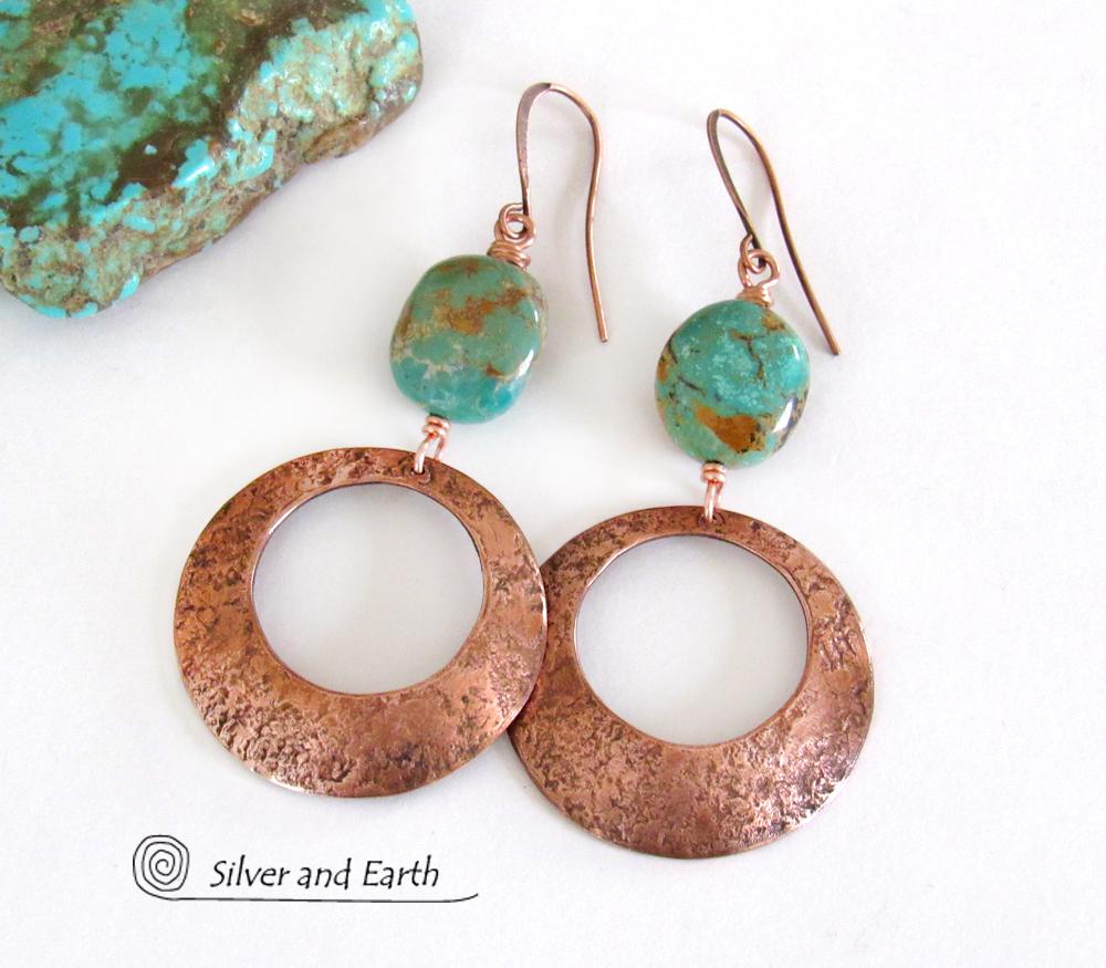 Modern Rustic Copper Hoop Dangle Earrings with Natural Turquoise Nuggets