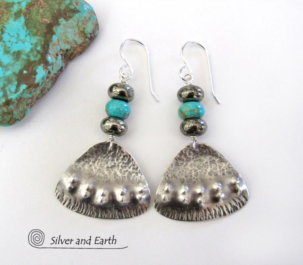 Sterling Silver Earrings with Turquoise & Pyrite - Tribal Southwest Jewelry