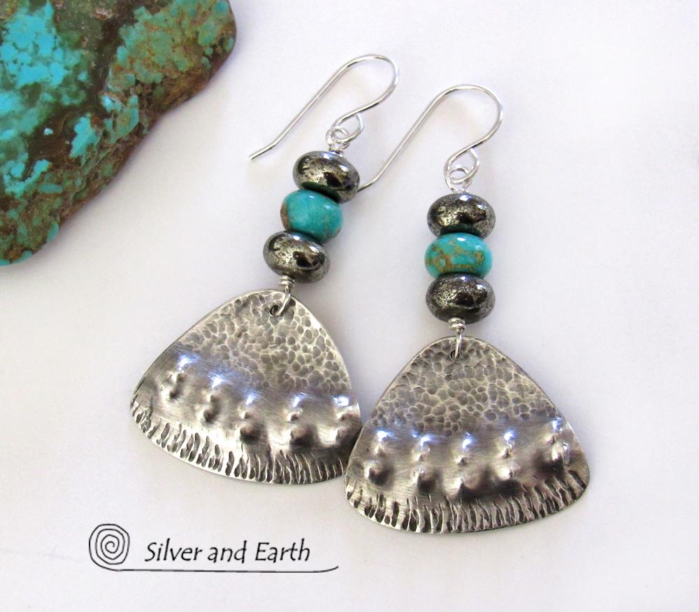 Sterling Silver Earrings with Turquoise & Pyrite - Tribal Southwest Jewelry