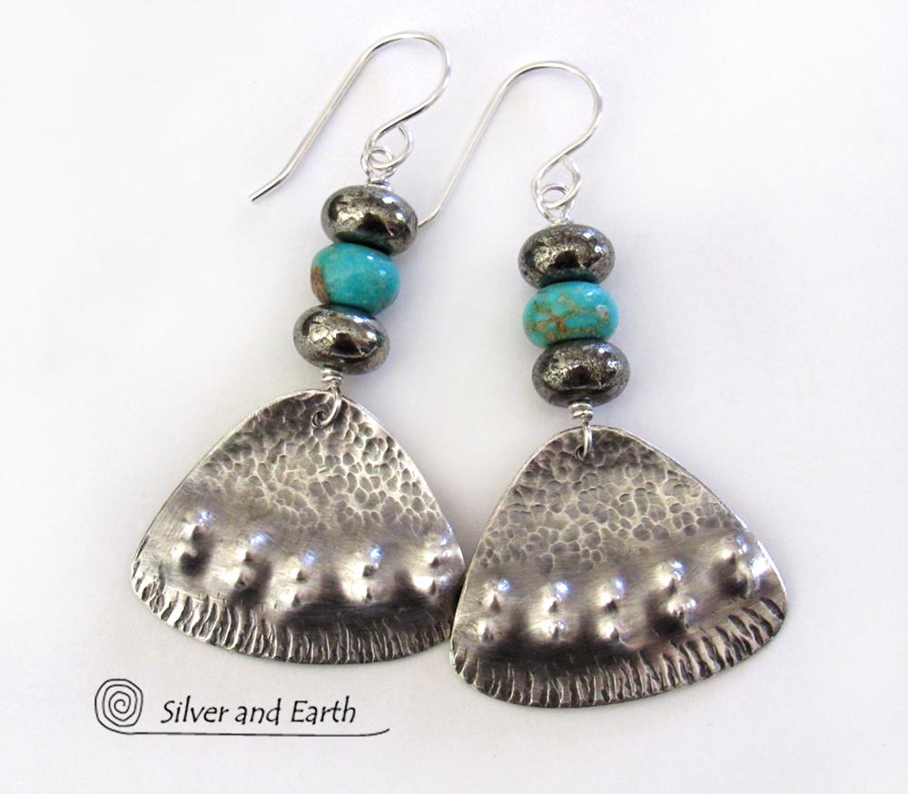 Sterling Silver Earrings with Turquoise & Pyrite - Tribal Southwest Jewelry