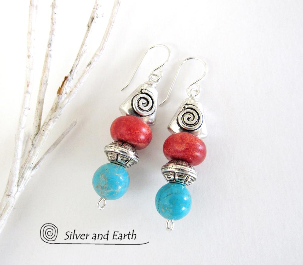 Turquoise & Coral Earrings with Spiral Pewter Beads - Southwestern Jewelry