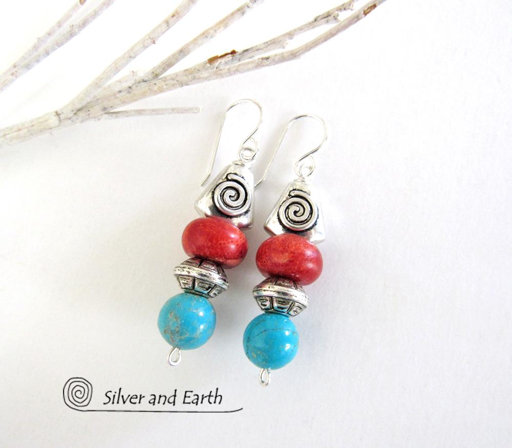 Turquoise & Coral Earrings with Spiral Pewter Beads - Southwestern Jewelry