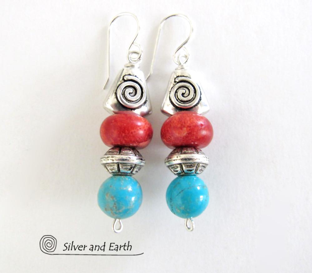 Turquoise & Coral Earrings with Spiral Pewter Beads - Southwestern Jewelry