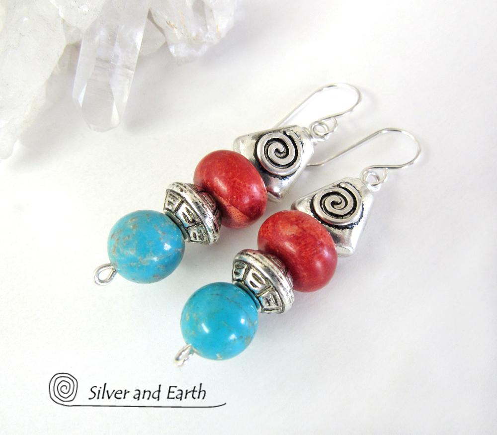 Turquoise & Coral Earrings with Spiral Pewter Beads - Southwestern Jewelry