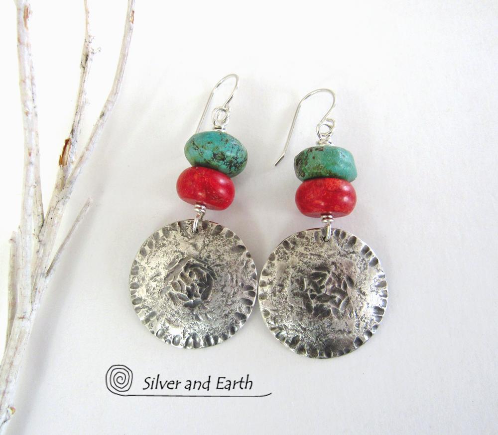 Sterling Silver Earrings with Turquoise & Red Coral - Modern Southwest Jewelry