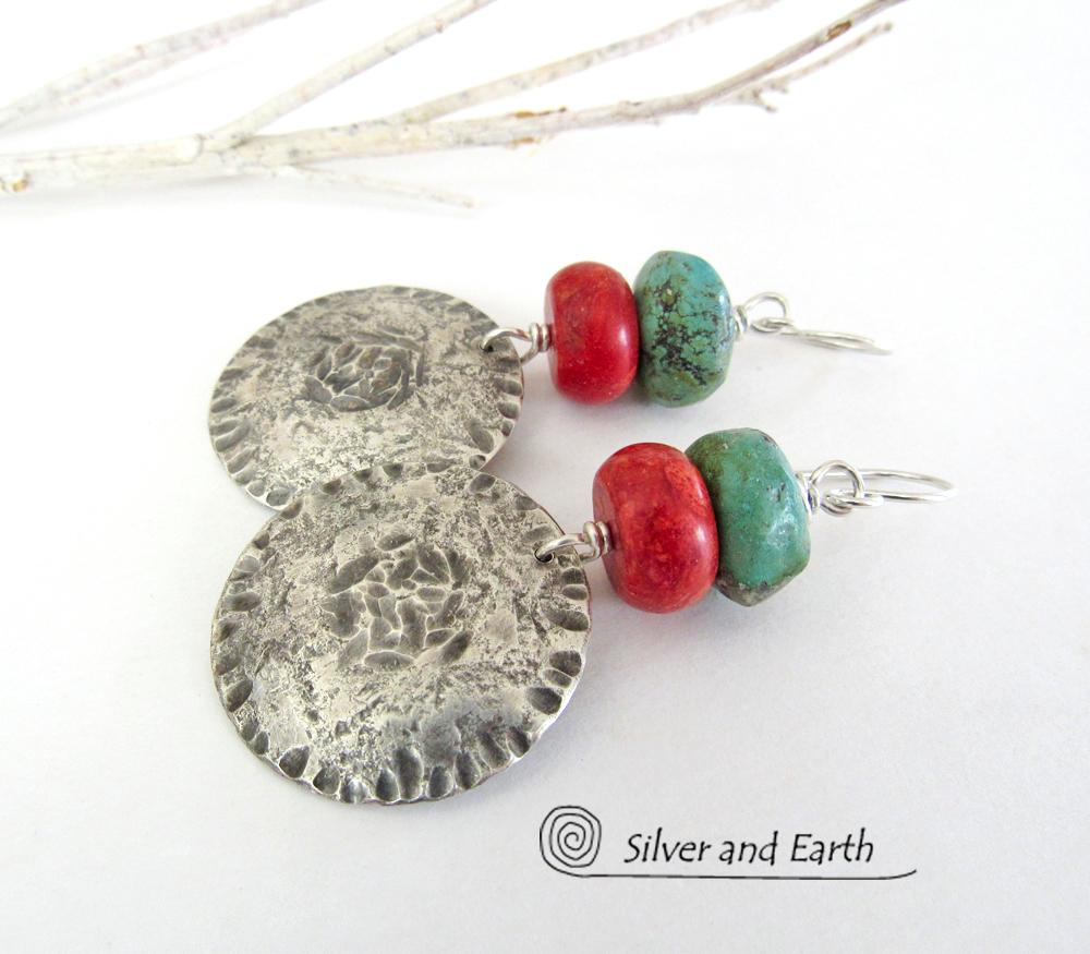 Sterling Silver Earrings with Turquoise & Red Coral - Modern Southwest Jewelry