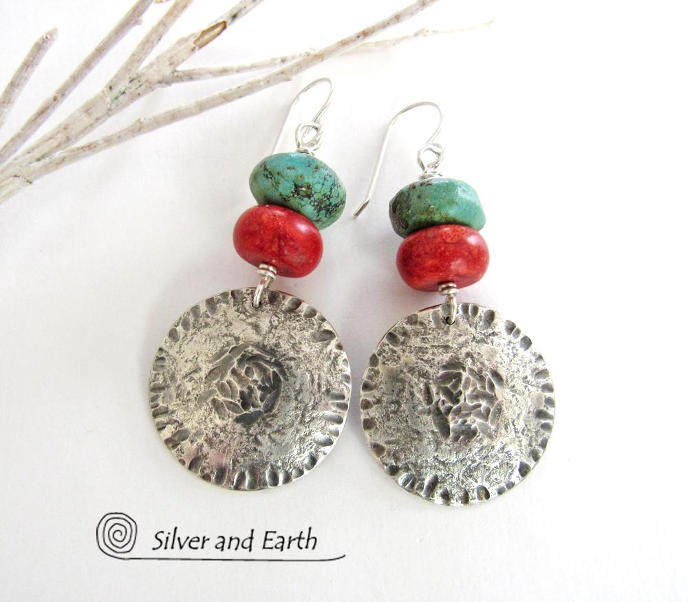 Sterling Silver Earrings with Turquoise & Red Coral - Modern Southwest Jewelry