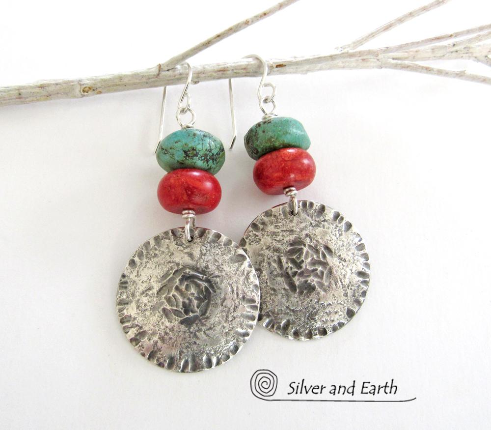 Sterling Silver Earrings with Turquoise & Red Coral - Modern Southwest Jewelry