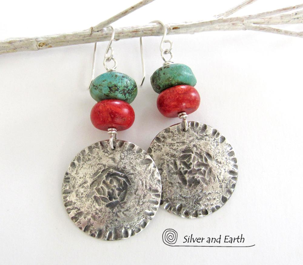 Sterling Silver Earrings with Turquoise & Red Coral - Modern Southwest Jewelry