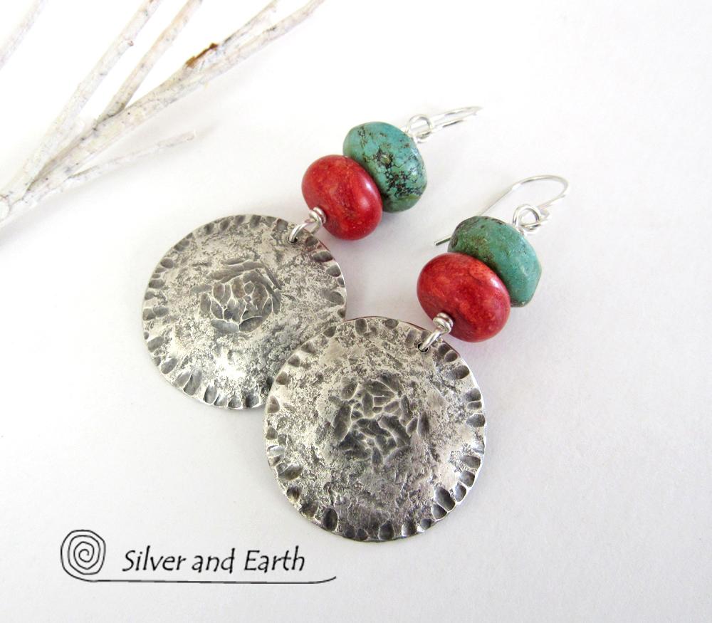 Sterling Silver Earrings with Turquoise & Red Coral - Modern Southwest Jewelry