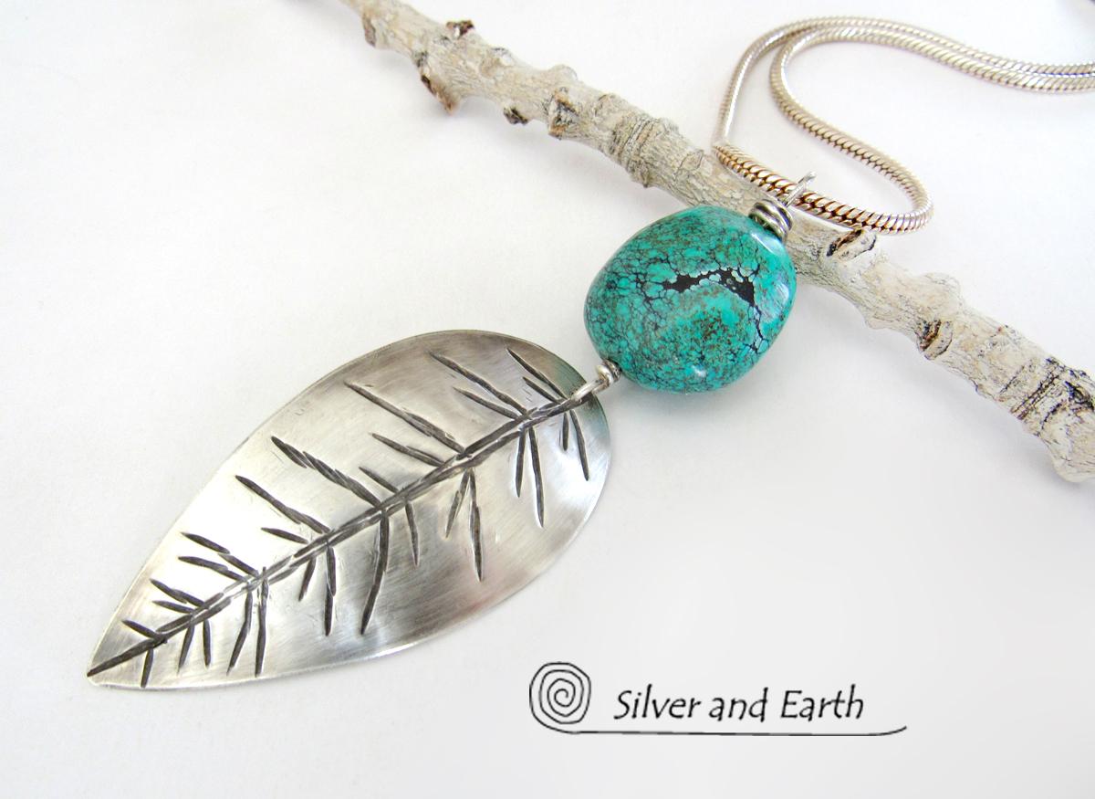 Sterling Silver Feather Necklace with Turquoise - Modern Southwestern Jewelry