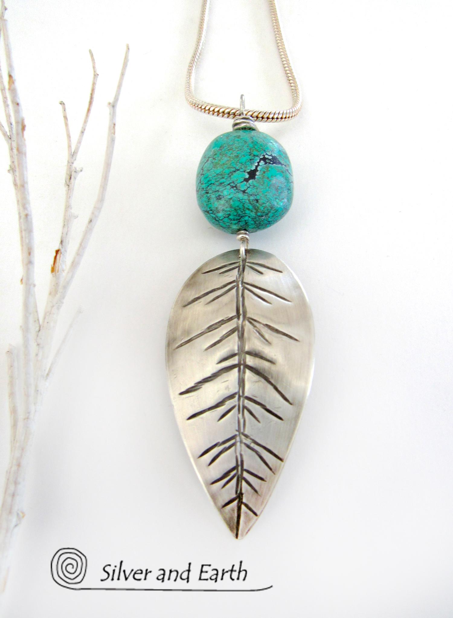 Sterling Silver Feather Necklace with Turquoise - Modern Southwestern Jewelry