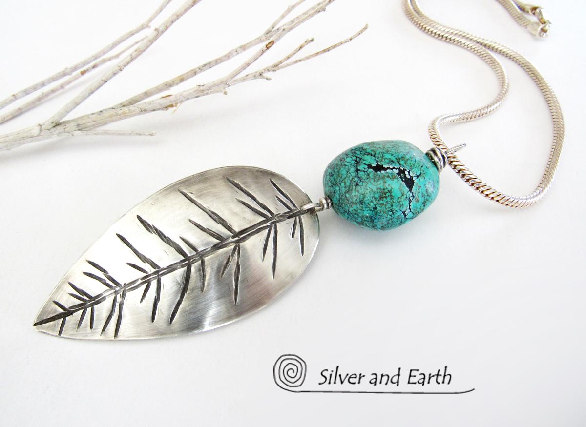 Sterling Silver Feather Necklace with Turquoise - Modern Southwestern Jewelry