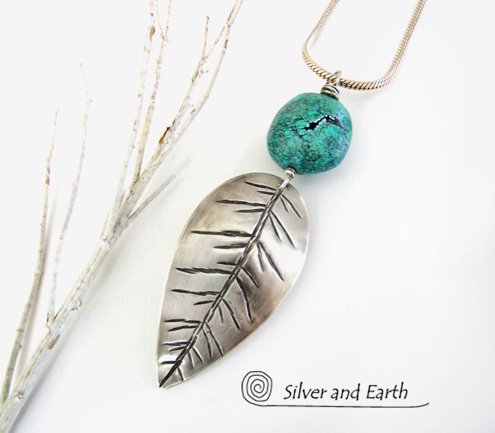 Sterling Silver Feather Necklace with Turquoise - Modern Southwestern Jewelry