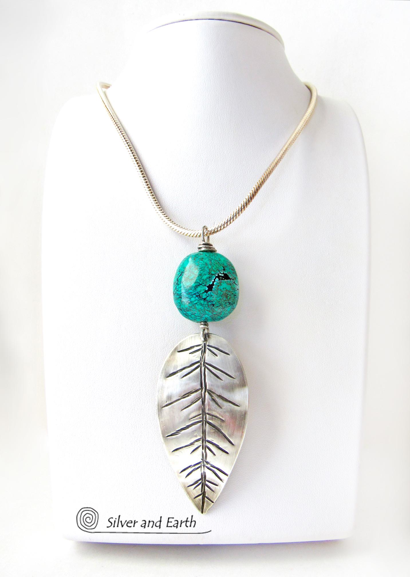 Sterling Silver Feather Necklace with Turquoise - Modern Southwestern Jewelry