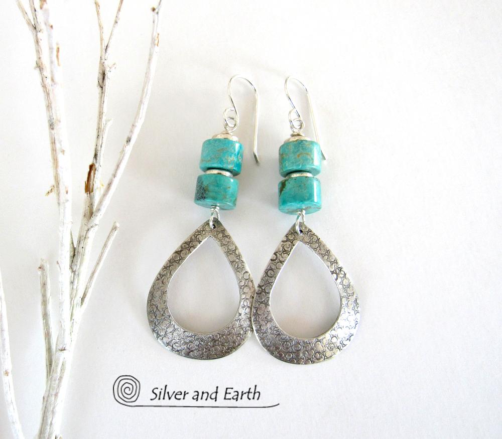 Turquoise & Sterling Silver Hoop Earrings - Chic Modern Sterling Silver Jewelry