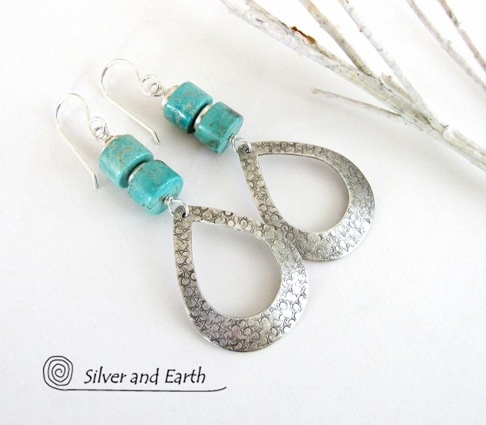 Turquoise & Sterling Silver Hoop Earrings - Chic Modern Sterling Silver Jewelry