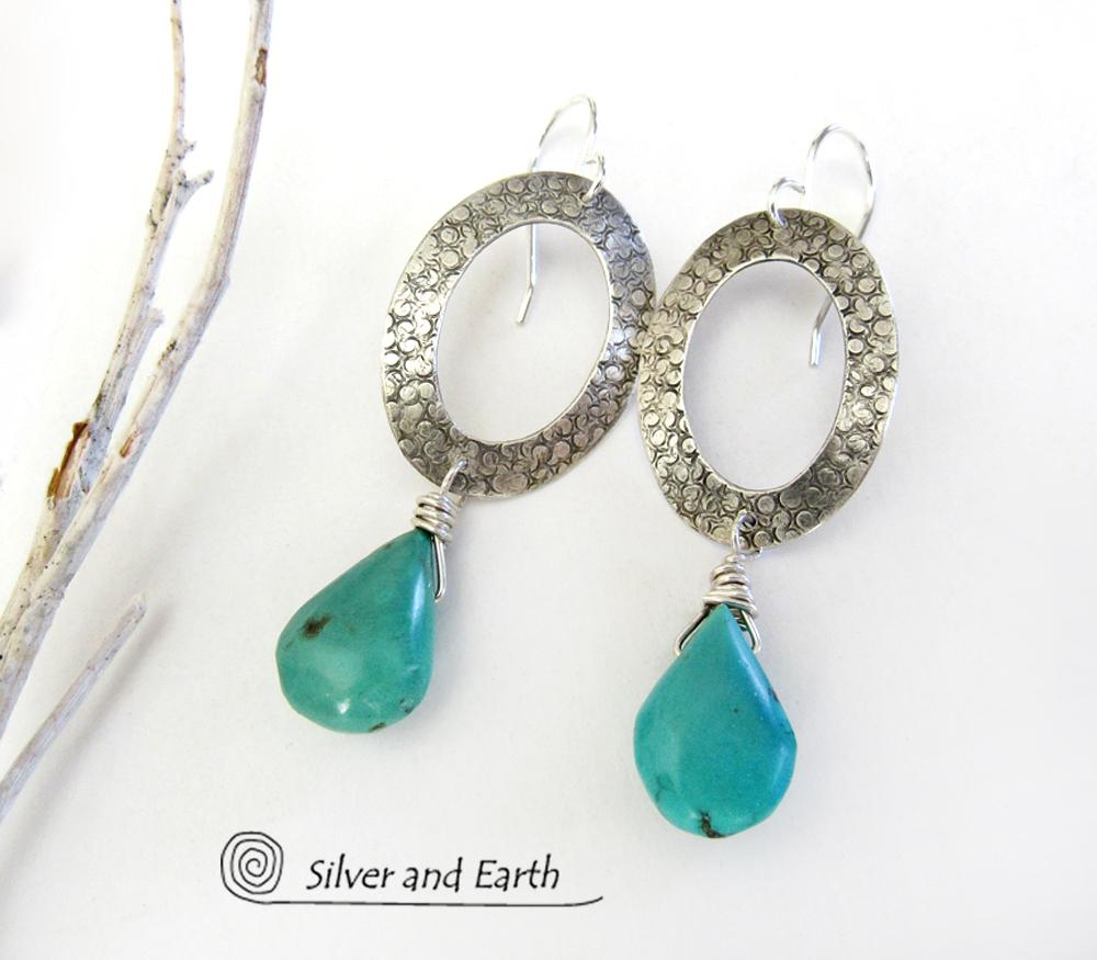 Sterling Silver Oval Hoop Dangle Earrings with Natural Turquoise Stones