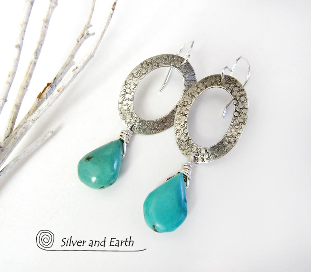 Sterling Silver Oval Hoop Dangle Earrings with Natural Turquoise Stones