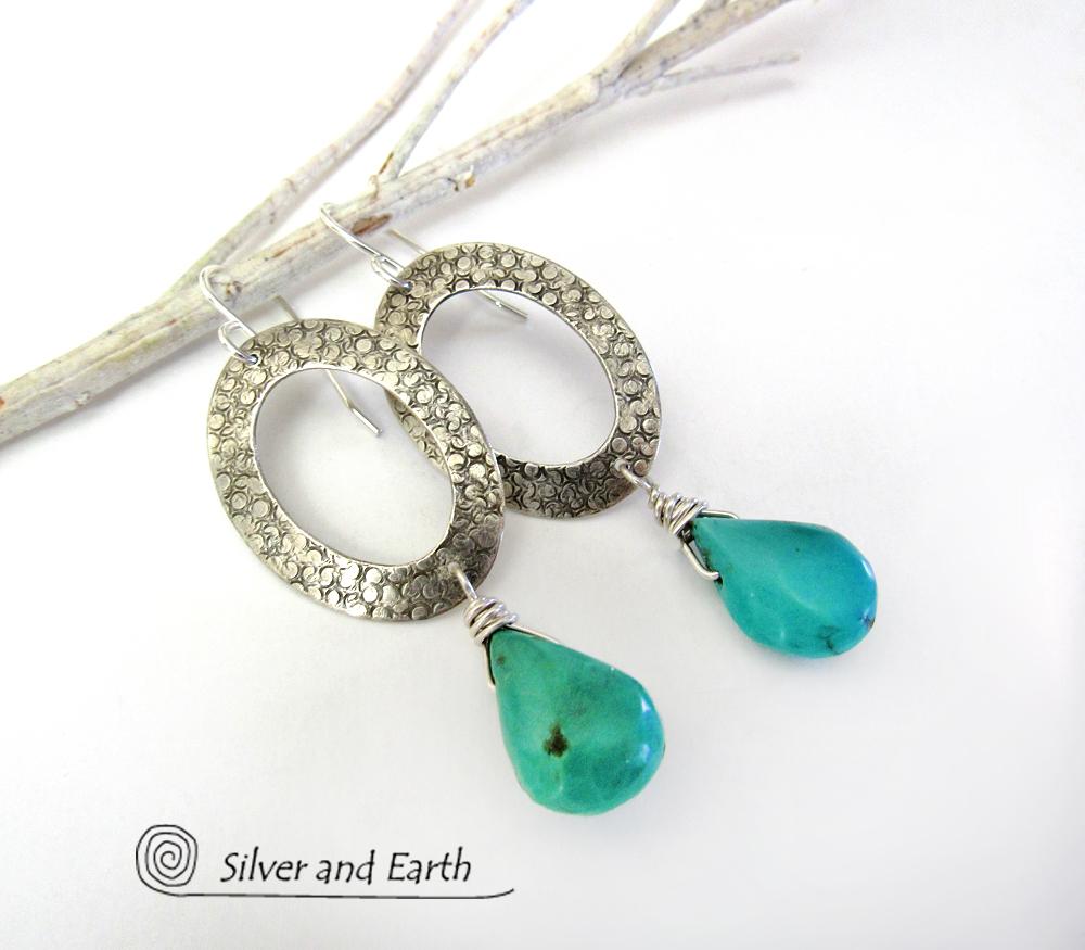 Sterling Silver Oval Hoop Dangle Earrings with Natural Turquoise Stones