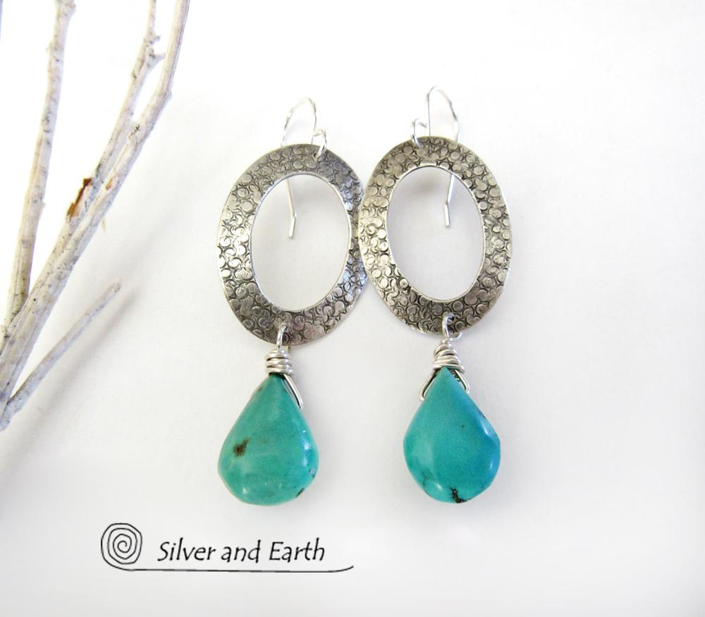 Sterling Silver Oval Hoop Dangle Earrings with Natural Turquoise Stones