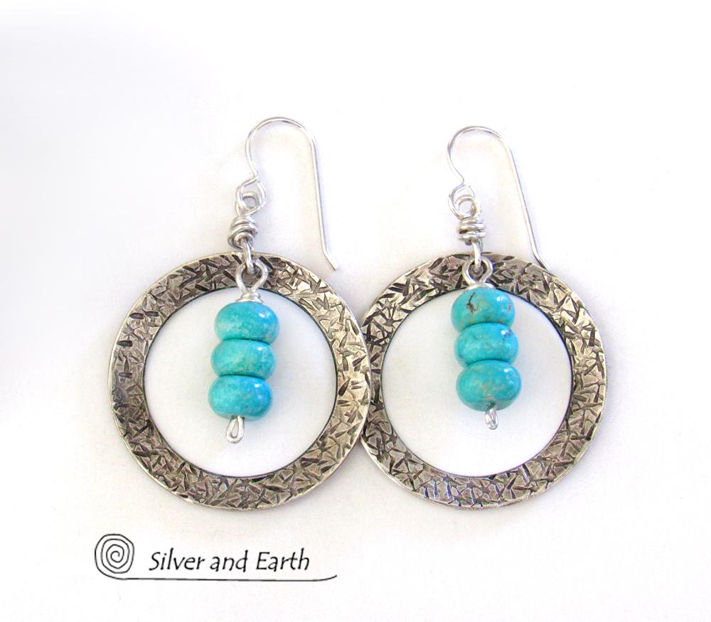 Sterling Silver Hoop Earrings with Turquoise Stones - Modern Silver Jewelry