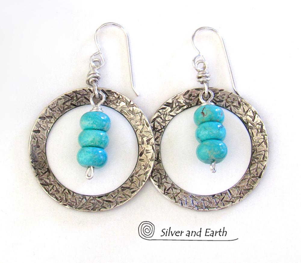 Sterling Silver Hoop Earrings with Turquoise Stones - Modern Silver Jewelry