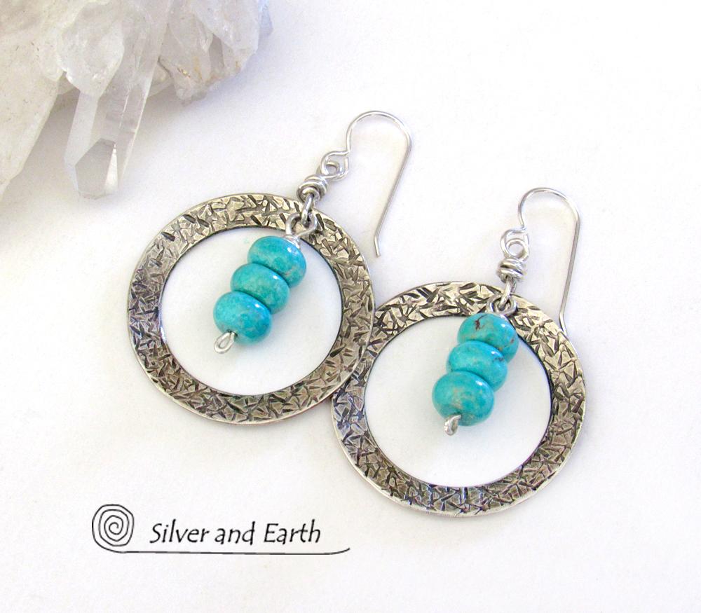 Sterling Silver Hoop Earrings with Turquoise Stones - Modern Silver Jewelry