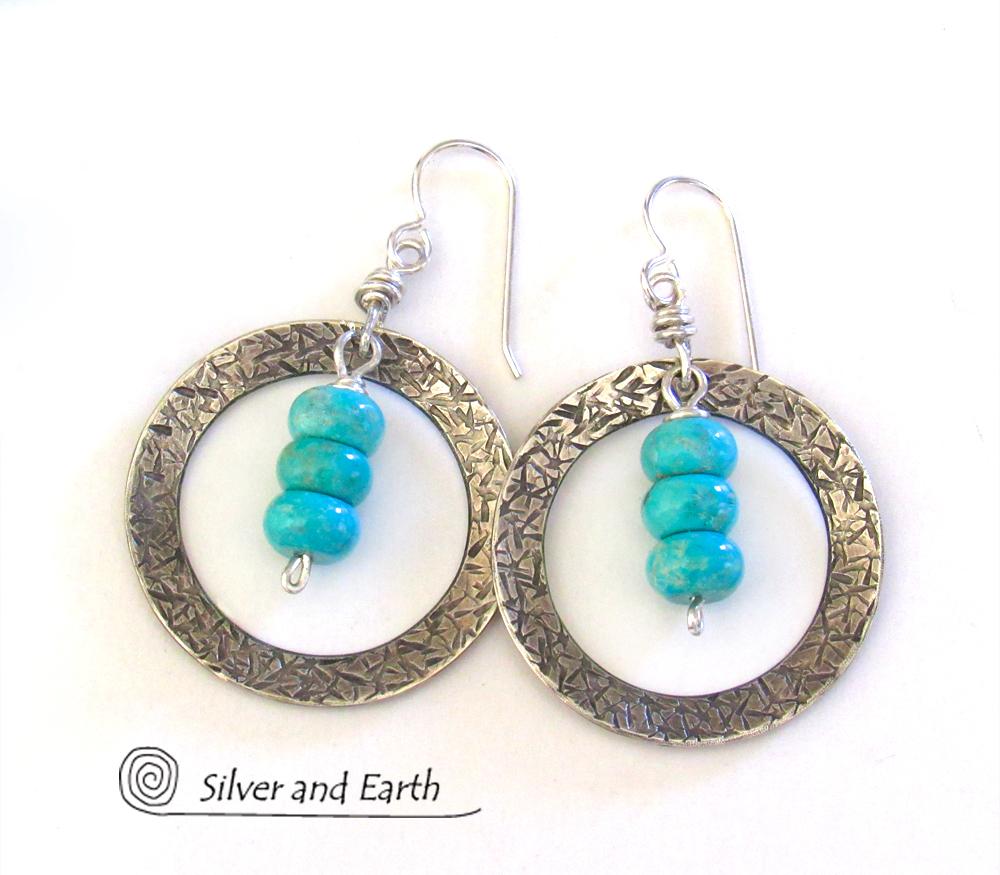 Sterling Silver Hoop Earrings with Turquoise Stones - Modern Silver Jewelry