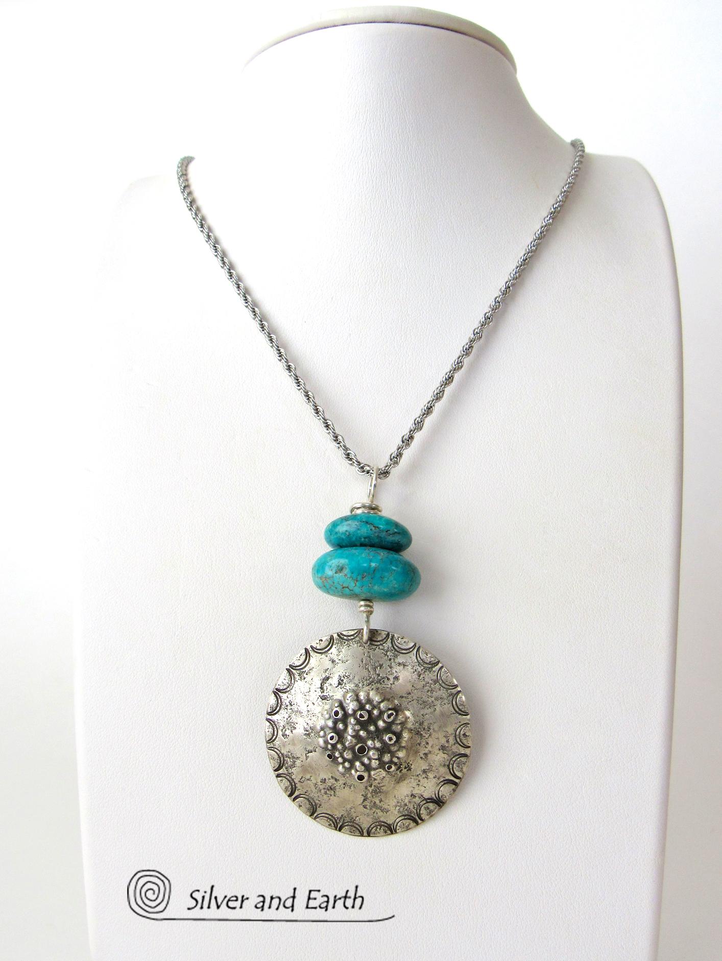 Turquoise Sterling Silver Pendant Necklace - Earthy Rustic Silver Jewelry