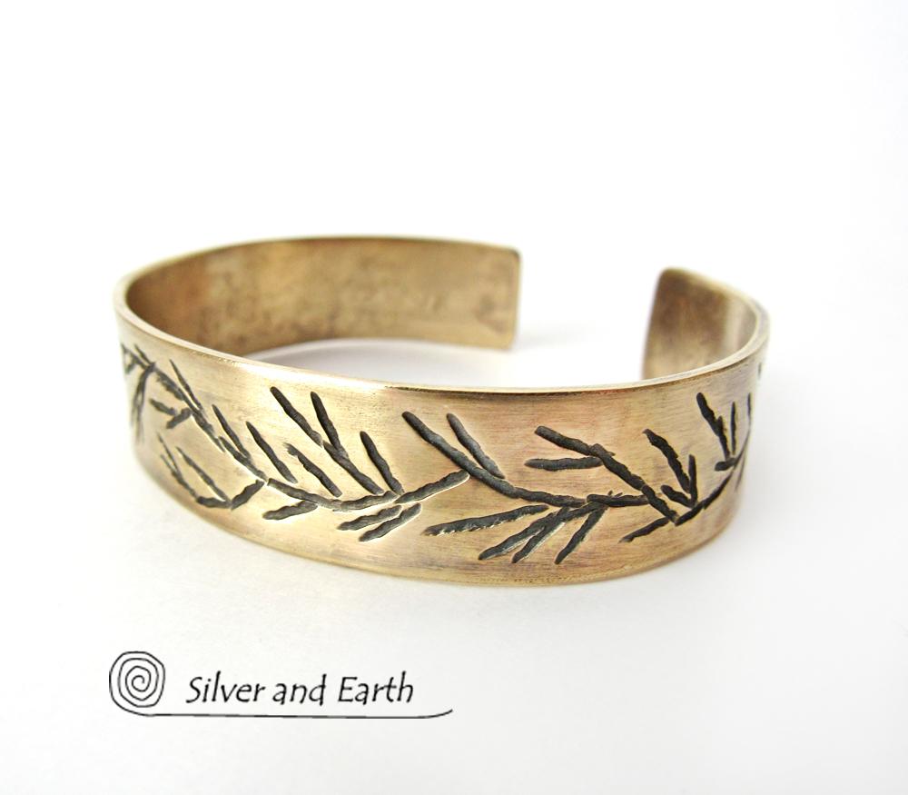 Gold Brass Cuff Bracelet with Twig Design - Modern Earthy Nature Jewelry