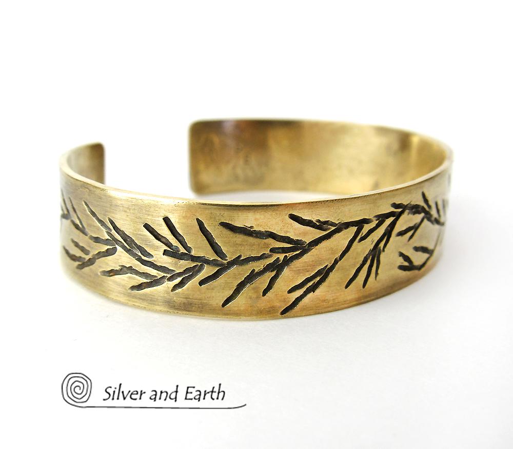 Gold Brass Cuff Bracelet with Twig Design - Modern Earthy Nature Jewelry