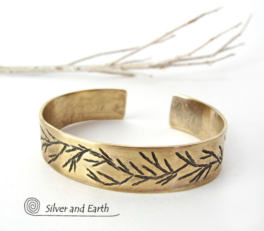 Gold Brass Cuff Bracelet with Twig Design - Modern Earthy Nature Jewelry
