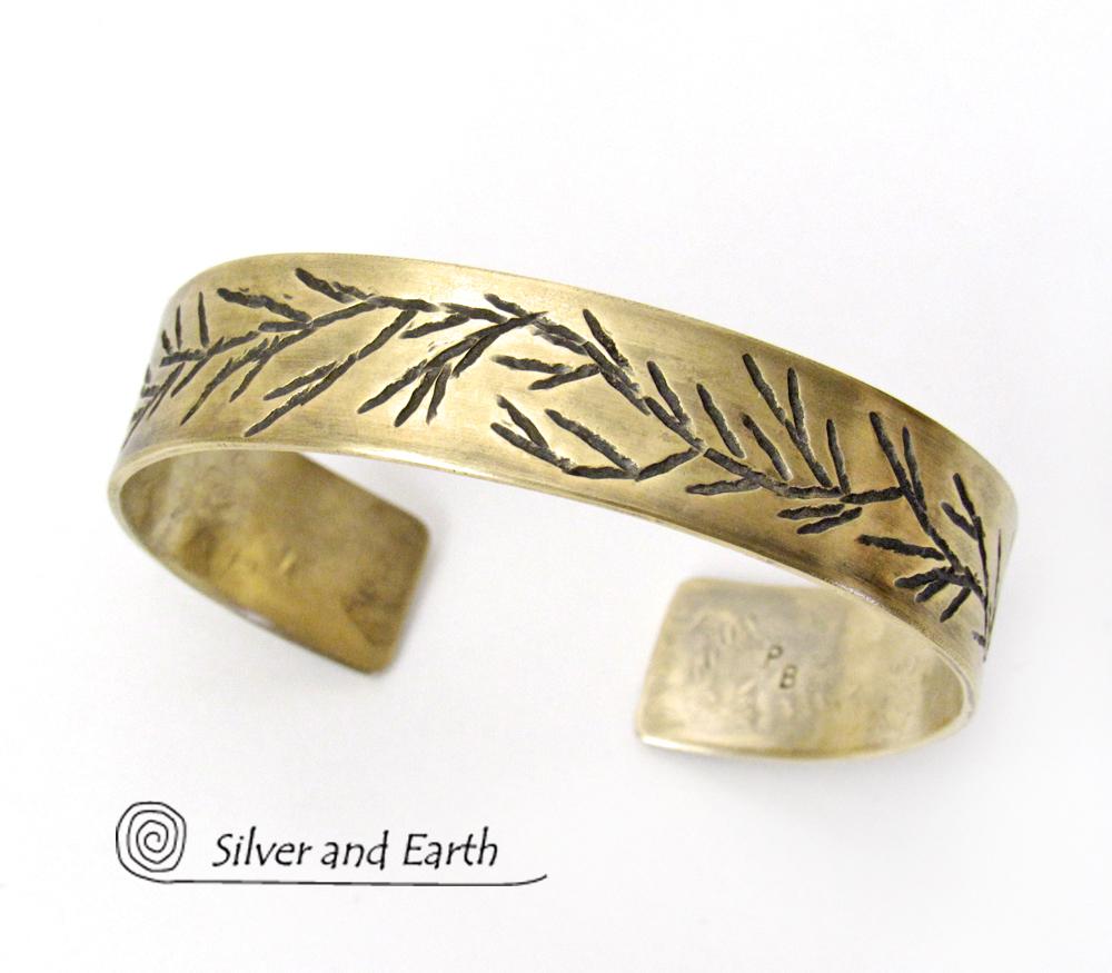 Gold Brass Cuff Bracelet with Twig Design - Modern Earthy Nature Jewelry