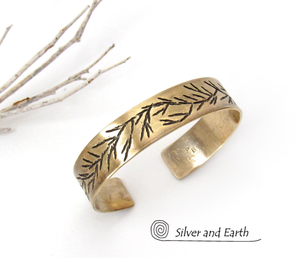 Gold Brass Cuff Bracelet with Twig Design - Modern Earthy Nature Jewelry