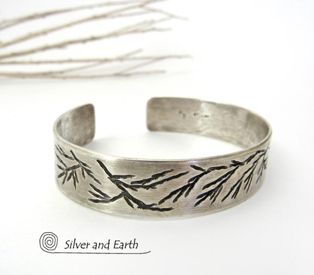 Modern Sterling Silver Cuff Bracelet with Twig Design - Earthy Nature Jewelry