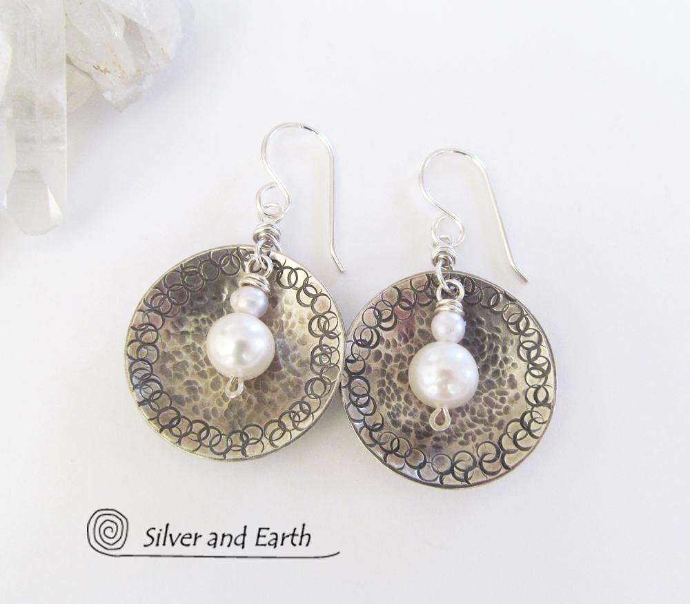 Small Sterling Silver Earrings with Dangling White Pearl - Modern Silver Jewelry