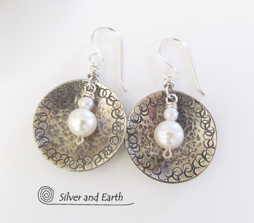 Small Sterling Silver Earrings with Dangling White Pearl - Modern Silver Jewelry