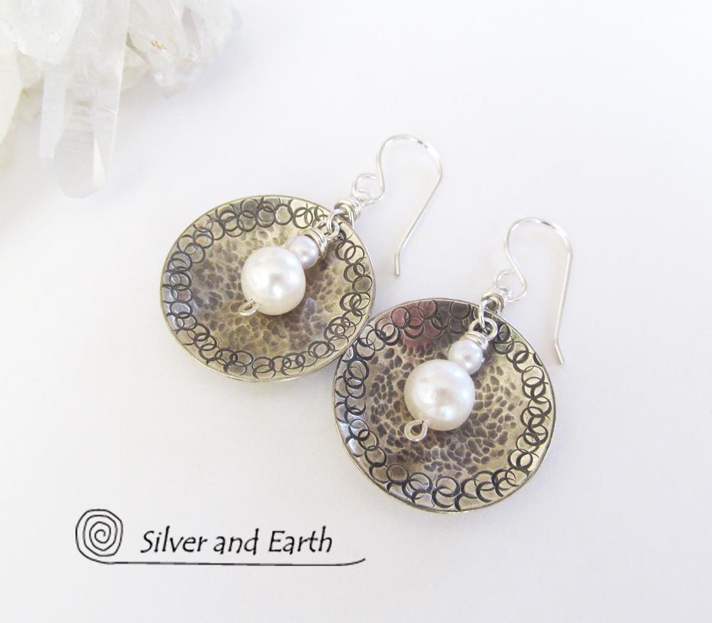 Small Sterling Silver Earrings with Dangling White Pearl - Modern Silver Jewelry