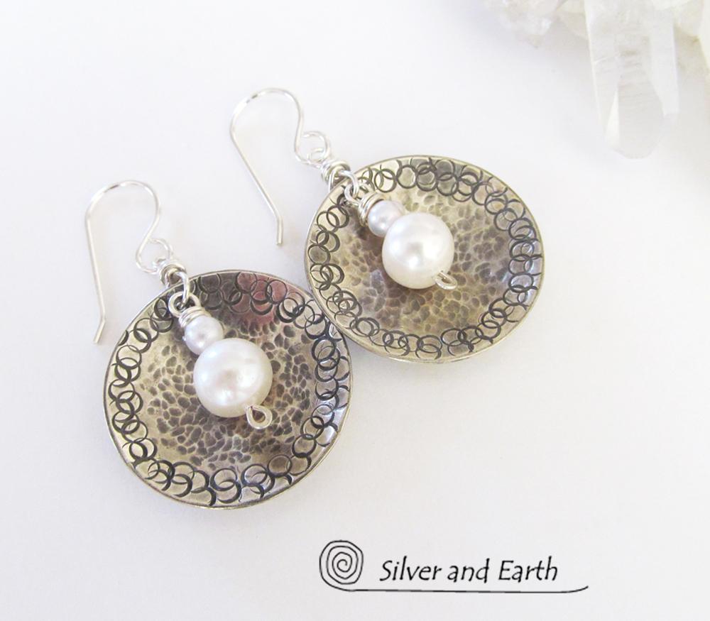 Small Sterling Silver Earrings with Dangling White Pearl - Modern Silver Jewelry