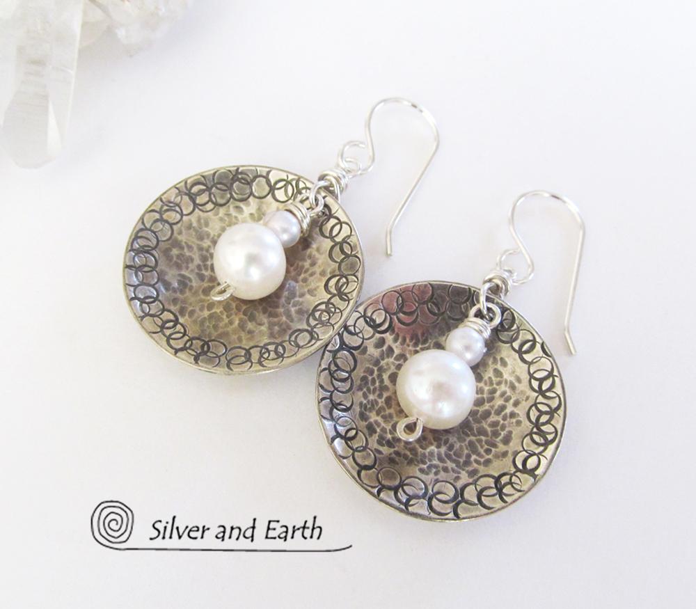 Small Sterling Silver Earrings with Dangling White Pearl - Modern Silver Jewelry